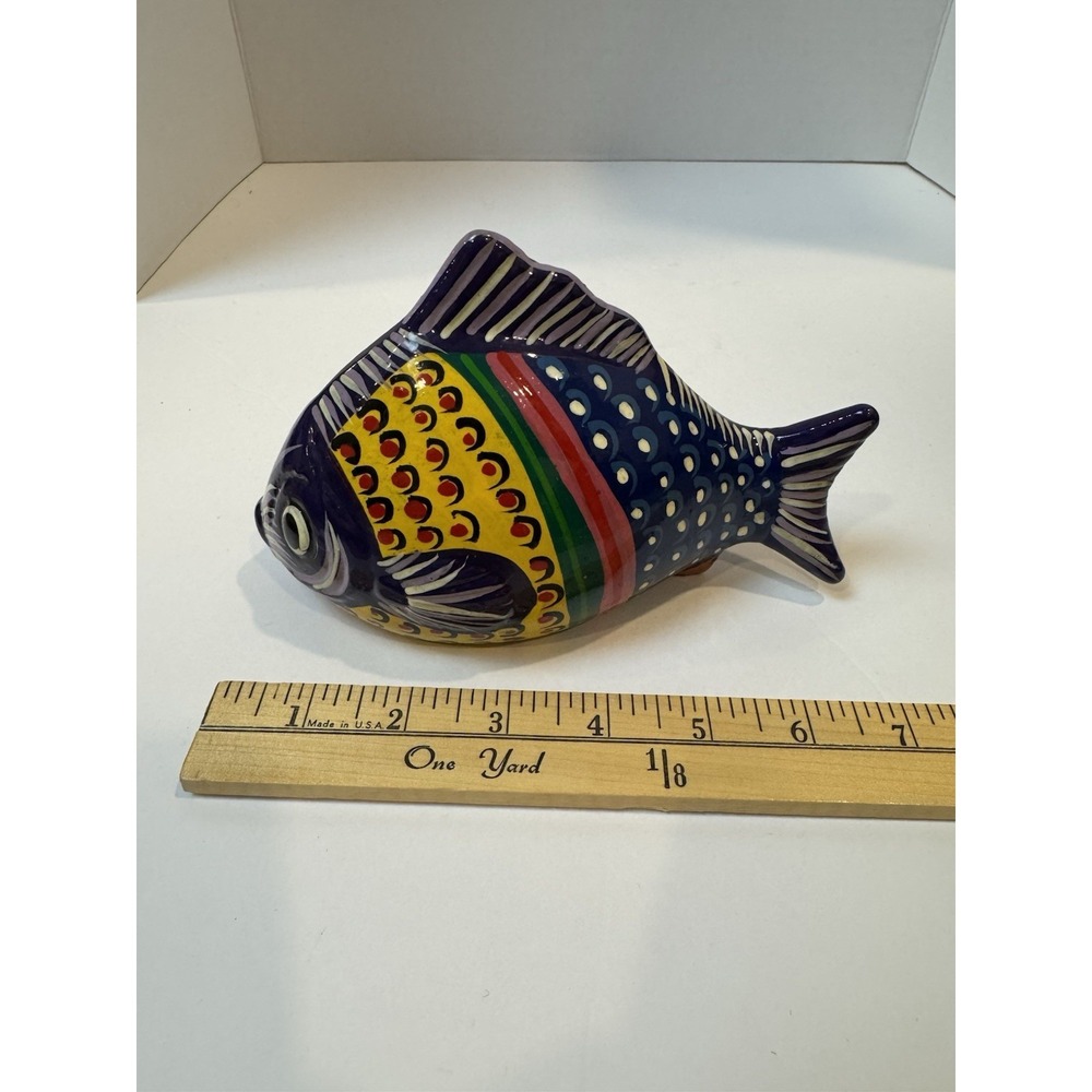 Hand-Painted Mexican Pottery Fish Talavera style Yellow Purple Handmade Folk-Art - Picture 6 of 7
